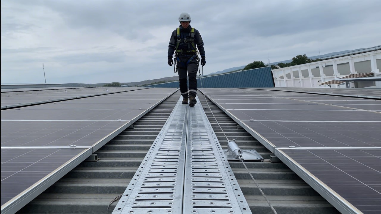 Diagrama de un sistema integral en cubierta. No basta con la pasarela CAREX; se requiere la integración con líneas de vida certificadas (como Rothoblaas) y personal capacitado con EPP adecuado (Petzl) para una protección total.