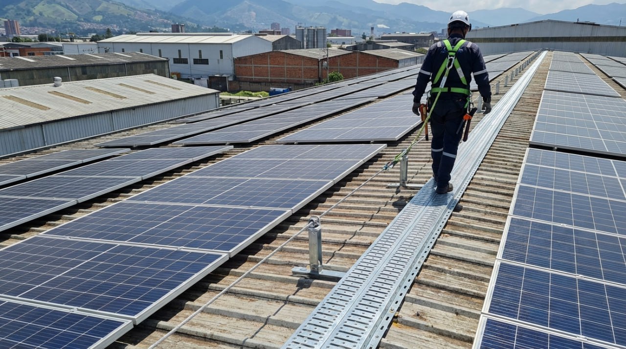 Infografía comparando el tránsito riesgoso directamente sobre la teja metálica ("trocha") vs. la circulación segura por una autopista industrial con pasarela técnica.