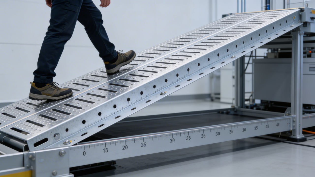 Leyenda sugerida: Fotografía del ensayo de rampa (Ramp Test) bajo norma DIN EN 16165. Solo las superficies que superan un ángulo de 35° obtienen la clasificación R13, garantizando tracción máxima en condiciones adversas.