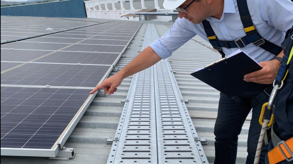 Pasarela física instalada en cubierta solar para cumplimiento RETIE y verificación del OIN.+1